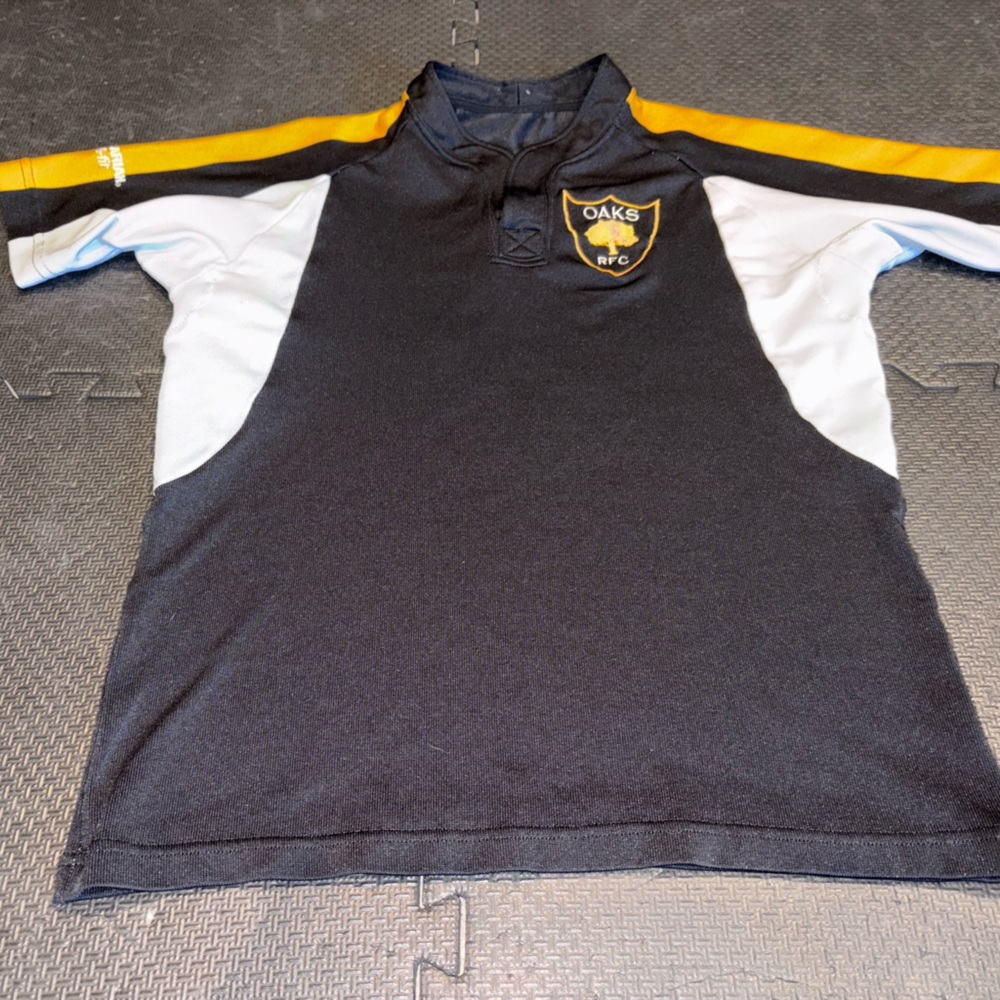 Barbarian Rugby Shirt Mens Med Black Pro-fit Black Collar OAKS RFC Patch Logo